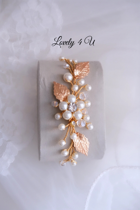 Brățară mireasă, bratara eleganta cu perle, bratara eleganta de mireasa, bratari mireasa, bratata aurie, bijuterii mireasa, accesorii Lovely 4 U, [6]