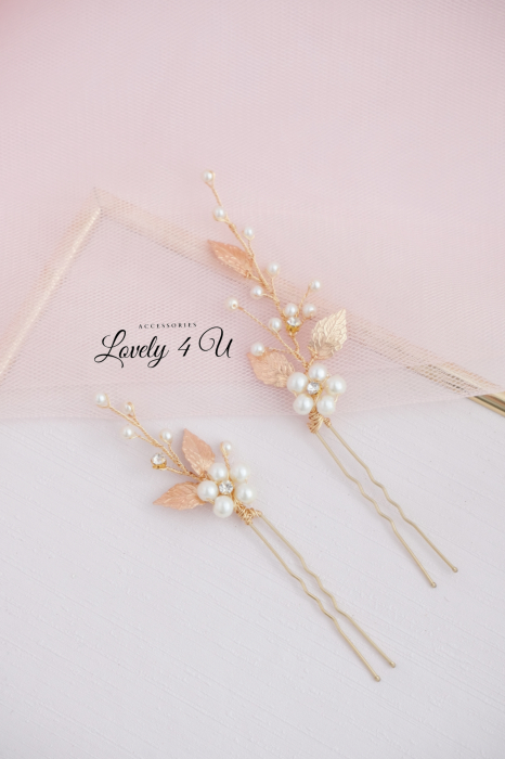 ACCESORIU DE PAR CU PERLE, accesoriu mireasa, diadema aurie, diadema mireasa, diadema nunta, FRUNZE AURII, nunta, pieptene mireasa, Accesorii LOVELY 4 U, Agrafe coc mireasa, Accesorii coc mireasa, AUR [8]