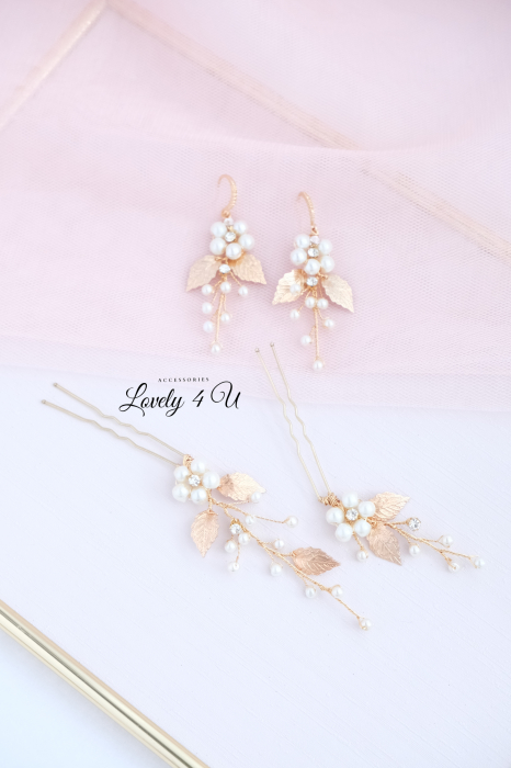 ACCESORIU DE PAR CU PERLE, accesoriu mireasa, diadema aurie, diadema mireasa, diadema nunta, FRUNZE AURII, nunta, pieptene mireasa, Accesorii LOVELY 4 U, Agrafe coc mireasa, Accesorii coc mireasa, AUR [11]
