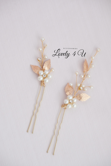 ACCESORIU DE PAR CU PERLE, accesoriu mireasa, diadema aurie, diadema mireasa, diadema nunta, FRUNZE AURII, nunta, pieptene mireasa, Accesorii LOVELY 4 U, Agrafe coc mireasa, Accesorii coc mireasa, AUR [6]