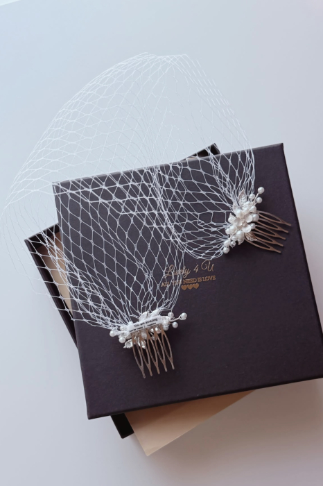 ÉLISE, voaletă mireasă birdcage handmade cu perle, 2 piepteni decorați și dimensiuni personalizabile. Creată manual în România de LOVELY 4 U. [10]
