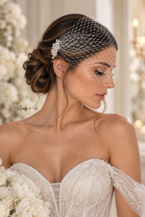 ÉLISE, voaletă mireasă birdcage handmade cu perle, 2 piepteni decorați și dimensiuni personalizabile. Creată manual în România de LOVELY 4 U. [8]