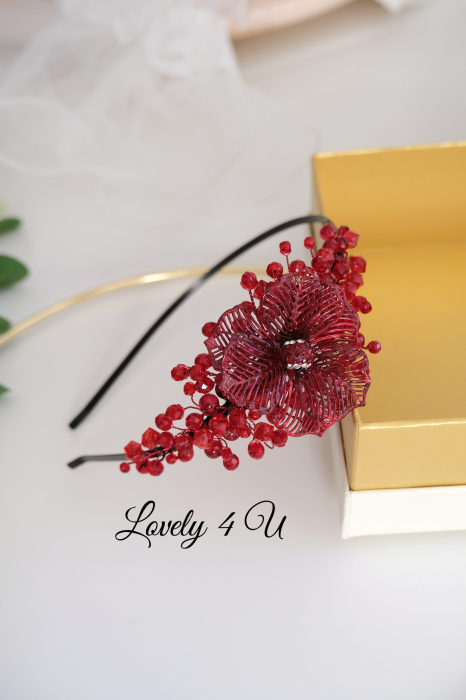 CORDELUTA ROȘIE, BENTIȚĂ CU CRISTALE ROȘII, BIJUTERII PAR CU FLORI, ACCESORII LOVELY 4 U, CADOU HANDMADE PENTRU FEMEI, CADOURI PENTRU FEMEI, ACCESORII,  CODELUTE PENTRU FETIȚE, ACCESORII HANDMADE IN ROMANIA, ACCESORIU UNICAT [5]