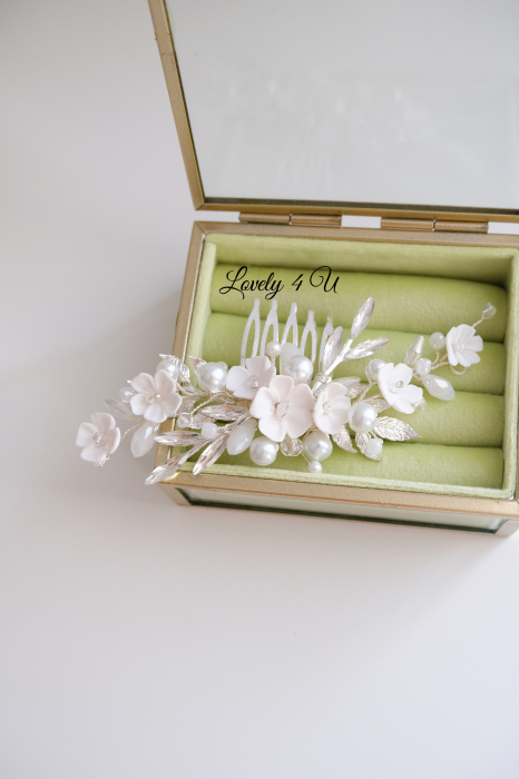 Diadema cu flori, PIEPTAN MIREASA, DIADEMA MIREASA, ACCESORIU PAR MIREASA, ACCESORII DE PAR MIRESE, ACCESORII NUNTA, ACCESORII CU PERLE, DIADEMA CU PERLE, PIEPTAN VOAL MIREASA, BIJUTERII PAR MIREASA, [8]