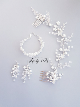 set bijuterii mireasa, set diadema si cercei mireasa, set diadema cercei si bratara cu perle, cercei mireasa cu perle, set accesorii nunta, set bijuterii nunta, bratara mireasa cu perle albe, set argintiu mireasa cu perle , cercei lungi mireasa, bratara mireasa [4]