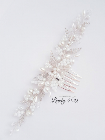 KENNEDY - Diadema mireasa argintiu cu perle albe și ivory [3]