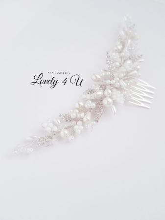 KENNEDY - Diadema mireasa argintiu cu perle albe și ivory [8]