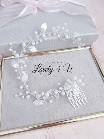 Agrafa par mireasa bentita mireasa,Bijuterii mireasa, Accesorii de par mireasa, Agrafa par mireasa, Agrafa cu perle, Accesorii LOVELY 4 U, Accesoriu lung, Bentita cu perle, FRUNZE, accesorii cu frunze [8]