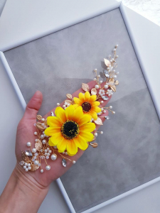 Accesorii cu floarea soarelui, Bijuterii floarea soarelui, diademe cu flori, accesorii handmade, PIEPTAN MIREASA, DIADEMA MIREASA, ACCESORIU PAR MIREASA, ACCESORII DE PAR MIRESE, ACCESORII NUNTA, ACCESORII CU PERLE, DIADEMA CU PERLE, PIEPTAN VOAL MIREASA, BIJUTERII PAR MIREASA, [2]