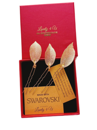 Accesorii aurii mireasa AMA  - Set agrafe cu frunze aurii si cristale Swarovski, fir placat cu aur - accesorii nunta / eveniment, mireasa / nasa Bijuterii handmade in Roamania [15]