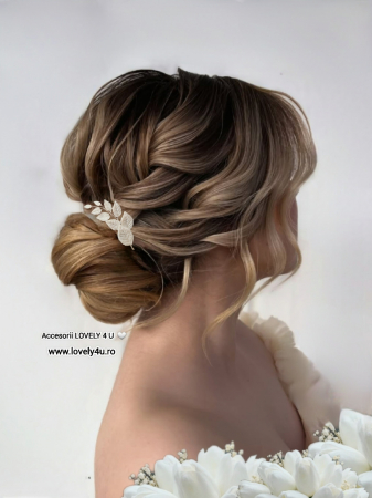 AGRAFE - PINI - Accesoriu cu frunze handmade, MEDANA - cu frunze  ivory, bază placată cu argint, pieptăn mic pentru coafuri mireasă bucle / coc , Diadema nuntă/ nașa/ cununie civila/ L 9 cm