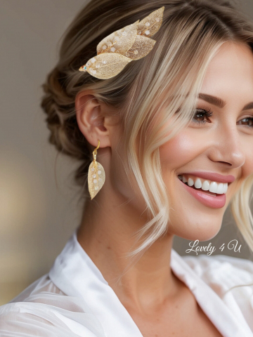 Cercei cu frunze aurii, bijuterii cu cristale Swarovski, bijuterii frunze, accesorii frunza, cercei lungi mireasă, cercei frunză, cercei frunza naturală , cercei aurii, bijuterii de toamna, accesorii Lovely 4 U, frunze aurii, cercei swarovski mireasa, frunze elecroplacate, accesorii lovely 4 u , set diadema si cercei mireasa