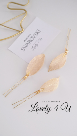 Accesorii aurii mireasa AMA  - Set agrafe cu frunze aurii si cristale Swarovski, fir placat cu aur - accesorii nunta / eveniment, mireasa / nasa Bijuterii handmade in Roamania [8]