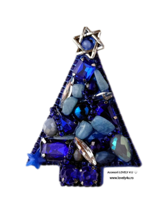 BROSE - CADOURI - BIJUTERII - Broșă handmade Brad de Crăciun albastru – Bijuterie unicat Lovely 4 U cu pietre semiprețioase Acvamarin și Lapis Lazuli, realizată manual în România
