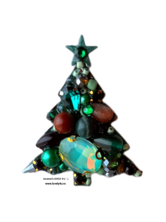 BROSE - CADOURI - BIJUTERII - Broșă handmade Brad de Crăciun, Bijuterie unicat Lovely 4 U, broșă cu pietre prețioase Jasp Jad Granat, bijuterie de Crăciun, cadou elegant femei, accesorii handmade România, believe in yourself