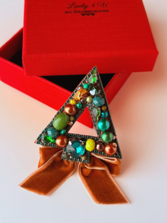 Broșă elegantă handmade Brad de Crăciun cu pietre semiprețioase Jad și Unakit, cristale și perle – model unicat, cadou cu semnificație | Lovely 4 U [3]