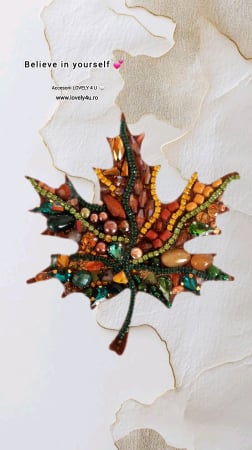 Broșă handmade frunză cu pietre semiprețioase, bijuterie unicat cu jad verde, citrin, carneol și perle – Lovely 4 U, idei cadou unicat [3]