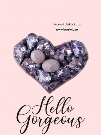 Broșa - inimioara mov cu cristale si pietre, Brosa in formă de inima cu mesaj motivational -BELIVE IN YOURSELF -You are AMAZING- , Bijuterii handmade inima, idei cadou pentru ea, 1 MARTIE, martisor [1]