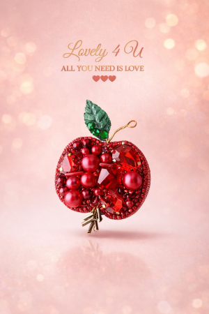 ACCESORII / PRODUSE - Broșă măr elegantă handmade cu crist, perle, pietre coral roșu, cu mesaj motivational Believe in yourself , ALL YOU NEED IS LOVE, idei martisor