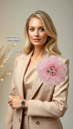 Broșă model unicat, PARFUM de IUBIRE- Accesoriu tip broșă floare roz cu perle, broșă handmade floare mare textila, brățară floare textila și colier floare mare culoare nuanțe roz fuchsia [2]