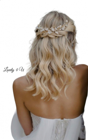 Diadema cu flori, Flori cireș, flori mireasă, Frunze aurii, Diadema mireasa cu perle, Diadema aurie, accesorii de par mireasa, bijuterii păr, accesorii, pieptan voal mireasa, accesorii voal mireasa [11]