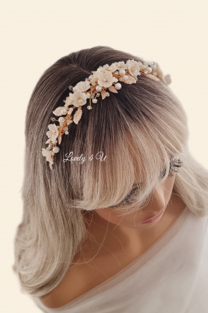 Diadema cu flori, Flori cireș, flori mireasă, Frunze aurii, Diadema mireasa cu perle, Diadema aurie, accesorii de par mireasa, bijuterii păr, accesorii, pieptan voal mireasa, accesorii voal mireasa [4]