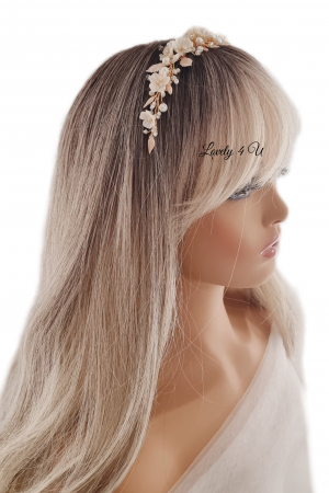 Diadema cu flori, Flori cireș, flori mireasă, Frunze aurii, Diadema mireasa cu perle, Diadema aurie, accesorii de par mireasa, bijuterii păr, accesorii, pieptan voal mireasa, accesorii voal mireasa [8]