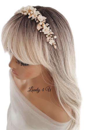 Diadema cu flori, Flori cireș, flori mireasă, Frunze aurii, Diadema mireasa cu perle, Diadema aurie, accesorii de par mireasa, bijuterii păr, accesorii, pieptan voal mireasa, accesorii voal mireasa [2]