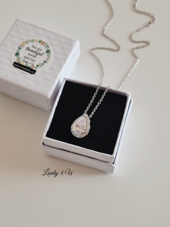 Colier argintiu elegant  GILDA, lantisor , zirconiu cubic, colier pandativ placat aur alb, picatura