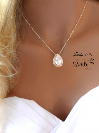 COLIERE - Colier gold elegant  GILDA, lantisor , zirconiu cubic, colier pandativ placat aur alb, picatura