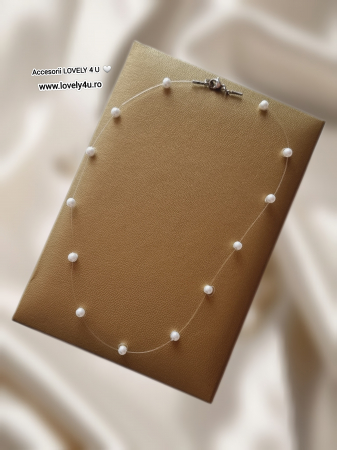 Colier cu perle plutitoare, fir transparent, perle albe mici 4 MM, colier handmade invizibil la baza gatului, L 38 cm [1]