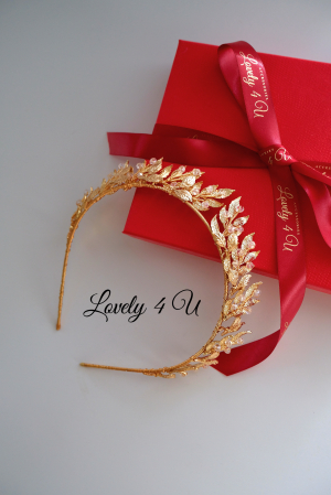 Coroniță cu frunze, Tiara cu frunze, Tiară mireasă handmade, CORONITA MIREASĂ HANDMADE, TIARĂ DE LUX, ACCESORII MIREASA PREMIUM, BIJUTERII MIREASA, FRUNZE AURII, TIARA CU CRISTALE, CORONITA AURIE [1]