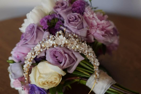 Coronita mireasa cu perle flori,  cristale Swarovski, bază placată cu aur AMALFI - Coronita printesa premium [5]