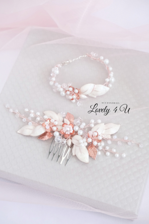 2023, accesorii mireasa, accesoriu pentru par, tiara, coronita, diadema, lovely 4 u, bijuterii rose gold, coronita mireasa, coronita cu perle, tiara cu perle  frunze, mireasa, nunta, pieptene mireasa, rose gold [5]