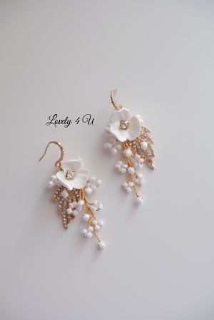 Cercei mireasa , cercei aurii mireasă, cercei lungi, cercei cu flori, cercei cu frunze, cercei handmade, bijuterii mireasa, Set bijuterii mireasa,  cercei eleganti mireasa, cercei handmade, cercei mireasa, [8]