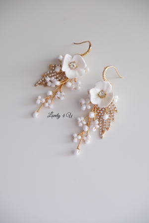 Cercei mireasa , cercei aurii mireasă, cercei lungi, cercei cu flori, cercei cu frunze, cercei handmade, bijuterii mireasa, Set bijuterii mireasa,  cercei eleganti mireasa, cercei handmade, cercei mireasa, [5]
