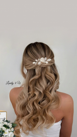DIADEMA handmade HANA - accesoriu eveniment cu frunze albe, floare albe, perle albe, pieptăn coafuri mireasa/ voal mireasa, L 13 cm [1]