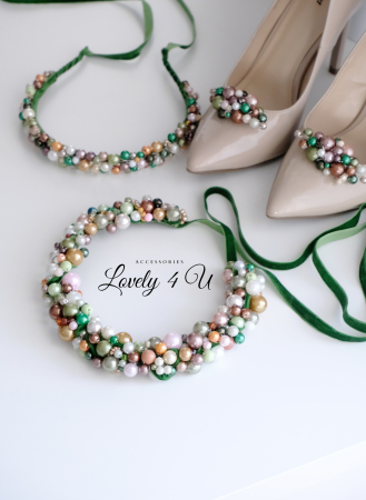 Catifea verde, coroniță cu perle, bentiță elegantă, cordeluta cu perle, cordeluță catifea, perle verzi, olive, maro, cappuccino, bijuterii elegante,cadou de lux, bijuterii de lux, accesorii Lovely 4 U [7]