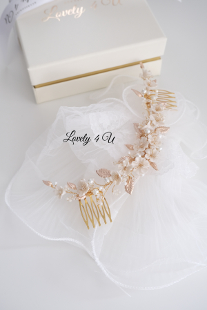 Diadema cu flori, Flori cireș, flori mireasă, Frunze aurii, Diadema mireasa cu perle, Diadema aurie, accesorii de par mireasa, bijuterii păr, accesorii, pieptan voal mireasa, accesorii voal mireasa [7]