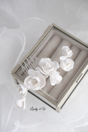 Diadema cu flori, peony accesorii, bijuterii cu flori bujori, tiara cu flori, pieptan voal mireasa cu flori, accesorii lovely 4 u , accesorii 2023, agrafa par mireasa, accesorii par nunta, accesoriu de par lateral, bijuterii [13]
