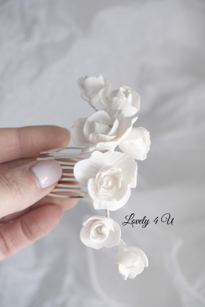 Diadema cu flori, peony accesorii, bijuterii cu flori bujori, tiara cu flori, pieptan voal mireasa cu flori, accesorii lovely 4 u , accesorii 2023, agrafa par mireasa, accesorii par nunta, accesoriu de par lateral, bijuterii [10]