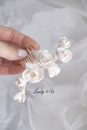 Diadema cu flori, peony accesorii, bijuterii cu flori bujori, tiara cu flori, pieptan voal mireasa cu flori, accesorii lovely 4 u , accesorii 2023, agrafa par mireasa, accesorii par nunta, accesoriu de par lateral, bijuterii [11]