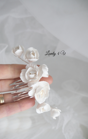 Diadema cu flori, peony accesorii, bijuterii cu flori bujori, tiara cu flori, pieptan voal mireasa cu flori, accesorii lovely 4 u , accesorii 2023, agrafa par mireasa, accesorii par nunta, accesoriu de par lateral, bijuterii [9]