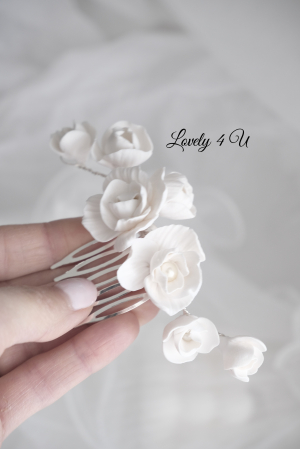 Diadema cu flori, peony accesorii, bijuterii cu flori bujori, tiara cu flori, pieptan voal mireasa cu flori, accesorii lovely 4 u , accesorii 2023, agrafa par mireasa, accesorii par nunta, accesoriu de par lateral, bijuterii [6]