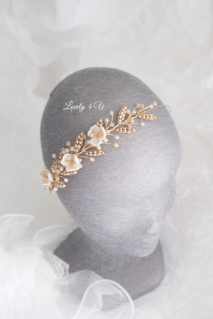 accesoriu flori mireasa, accesoriu par nunta, coronita aurie mireasa, diadema aurie mireasa, diademă boemă pentru mireasă, coronita simetrica, accesorii lovely 4 u, bijuterii mireasa, accesorii nunta [4]