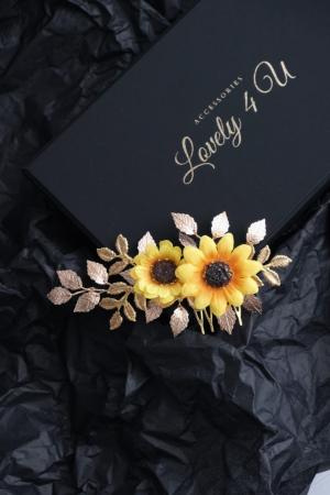 accesoriu floarea soarelui, bijuterii floarea soarelui, accesoriu mic auriu cu frunze pentru mirese, accesorii lovely 4 u, bijuterii cu frunze, buchet mireasa  floarea soarelui, coafuri si diadema mireasa, pieptan voal mireasa, accesorii pentru mirese, accesorii de par cununie civila [3]