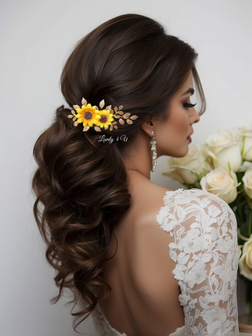 accesoriu floarea soarelui, bijuterii floarea soarelui, accesoriu mic auriu cu frunze pentru mirese, accesorii lovely 4 u, bijuterii cu frunze, buchet mireasa  floarea soarelui, coafuri si diadema mireasa, pieptan voal mireasa, accesorii pentru mirese, accesorii de par cununie civila [4]