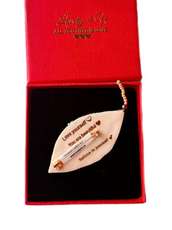 Frunza eleganta - brosa model unicat cu cristale, perle, pietre unakit, jad , handmade in Romania , mesaj pe verso YOU ARE BEAUTIFUL, Believe in Yourself, L 7 cm [4]