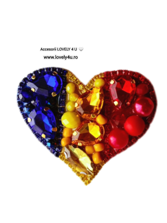 Inima tricolor model unicat- brosa handmade cu perle, cristale, pietricele, idei cadou 1 Decembrie, brosa eleganta mesaj pe verso: You are amazing, Believe in Yourself, Just be happy [4]