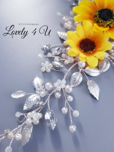 Agrafa mireasa floarea soarelui, Diadema mireasa, Accesorii mireasa, Accesorii floarea-soarelui, Bijuterii mireasa, Accesorii Lovely 4u, Agrafe par mireasa, Tiara mireasa, Frunze argintii, CORONITA [5]